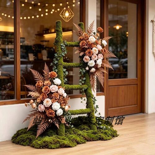 森系绿色植物梯子仿真花橱窗店铺
