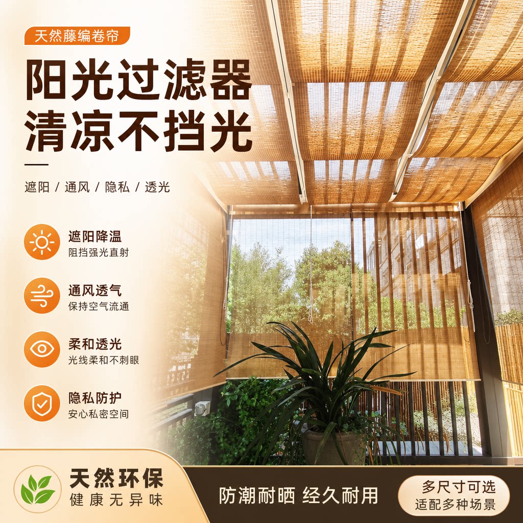 阳光房顶竹帘天棚帘新中式茶室养生馆凉亭阳台户外防晒隔热竹卷帘