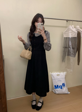 A-one爱望秋季法式复古文艺风拼接不规则领假两件长袖连衣裙24260