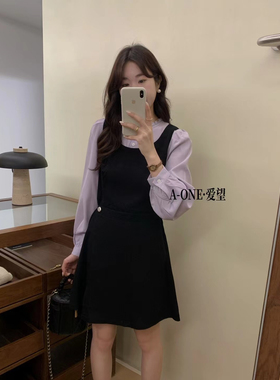 A-one爱望早秋新款法式拼接假两件背心裙小个子套装短连衣裙24210