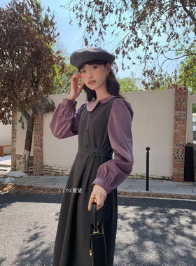 A-one爱望秋季法式复古文艺风拼接不规则领假两件长袖连衣裙24339