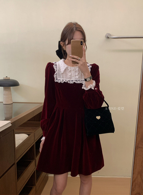 A-ONE爱望秋冬款丝绒加厚甜美蕾丝拼接小香风气质满满连衣裙24358