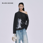 Lisa同款 流行秋冬休闲斜开肩小猫印花长袖 刘雯同款 MARKGONG
