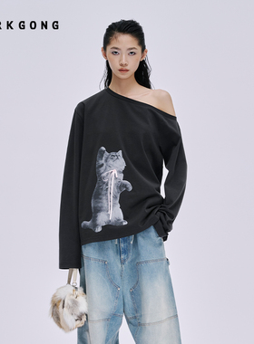 Lisa同款 刘雯同款【MARKGONG】流行秋冬休闲斜开肩小猫印花长袖