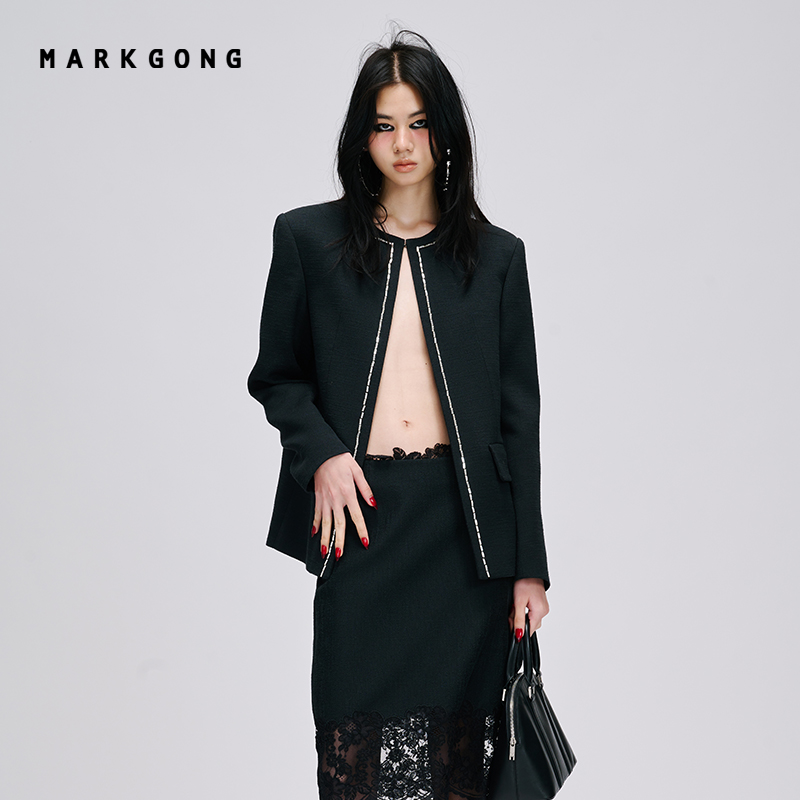 【MARKGONG】秋冬流行气质高级流行独特钉珠装饰黑色粗花呢外套