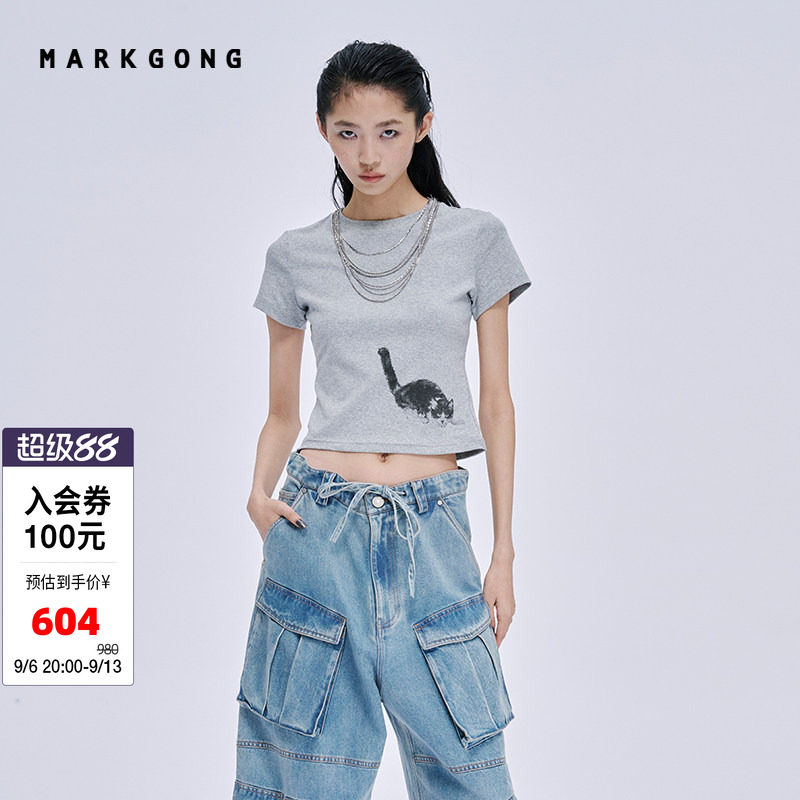 MARKGONG紧身小猫印花短袖T恤图片