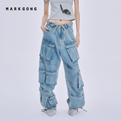 裤 流行秋冬休闲女装 潮流蓝色多口袋牛仔裤 子 MARKGONG
