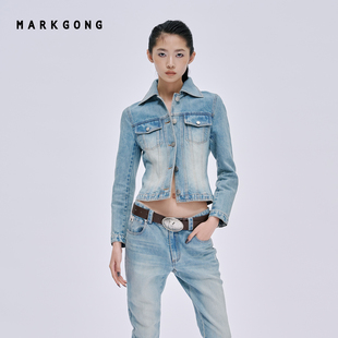 白鹿同款【SALE】【MARKGONG】蓝色修身绑带牛仔外套流行秋冬休闲