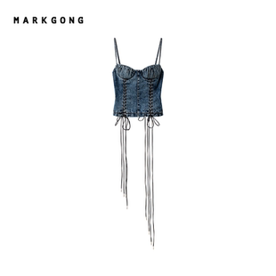 設(shè)計(jì)感高級(jí)流行獨(dú)特甜酷綁帶做舊裝 MARKGONG 女裝 飾吊帶上衣
