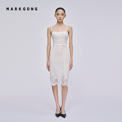 MARKGONG拼蕾丝花边绑带连衣裙