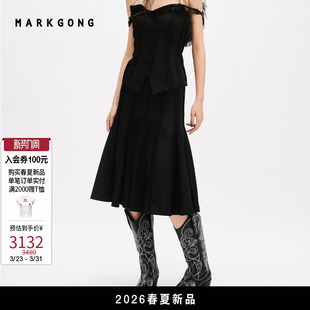 女装 简约休闲百褶长半裙2026春夏新品 裙子 MARKGONG
