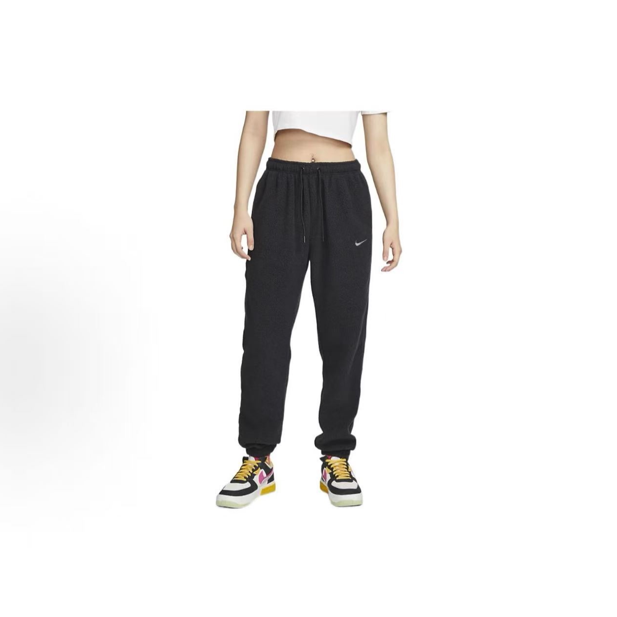 NIKE/耐克 纯色Logo 刺绣羊羔绒束脚运动裤 女款黑色 DQ6813-010