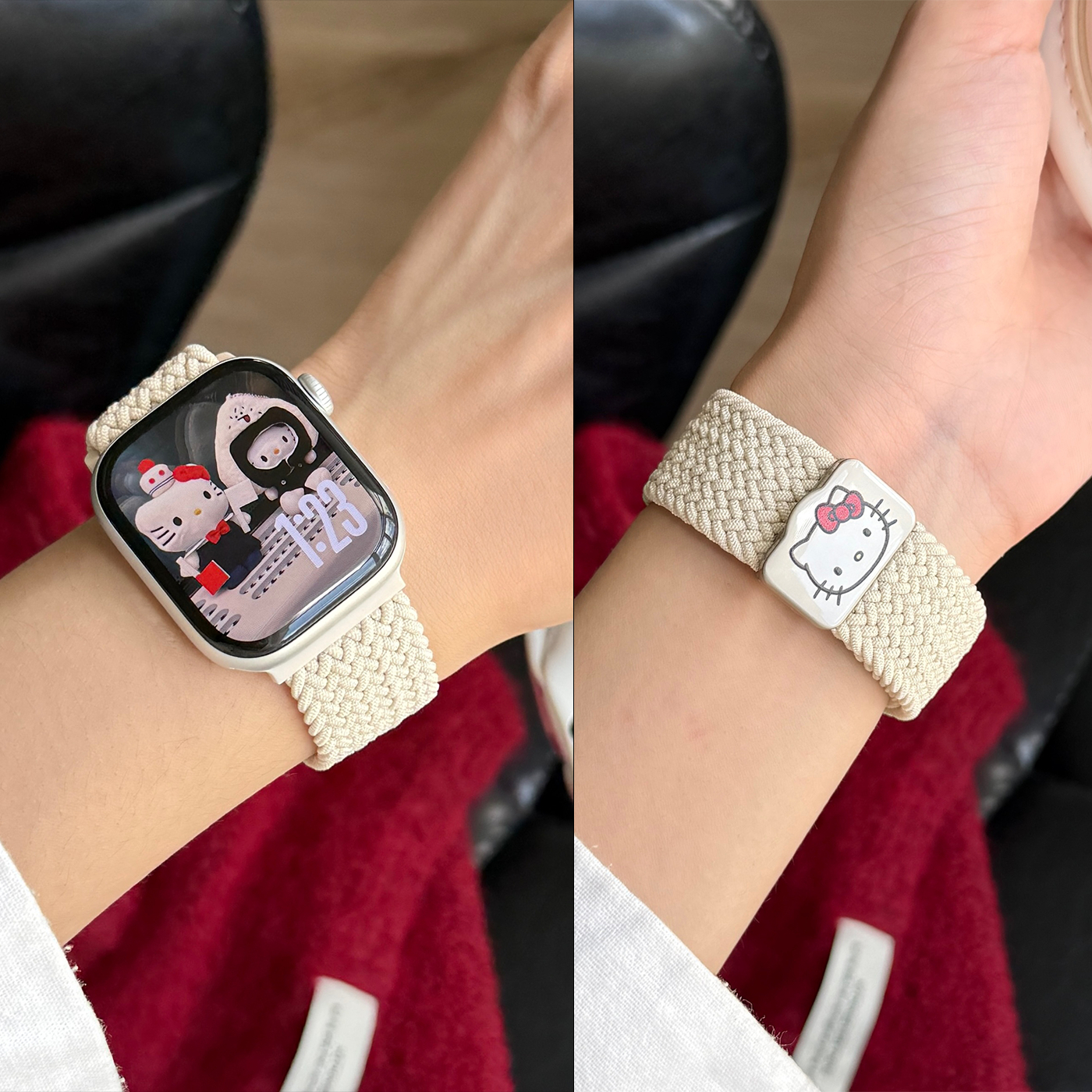 适用iwatch苹果手表10表带s11代可爱kitty编织尼龙回环s9磁吸新款