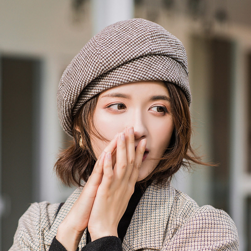 格子贝雷帽女秋冬季韩版日系英伦复古八角帽子潮ins风百搭画家帽