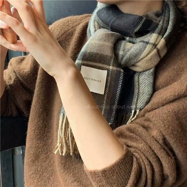 复古格子围巾韩版新款英伦拼色仿羊绒披肩女冬季百搭加厚保暖围脖