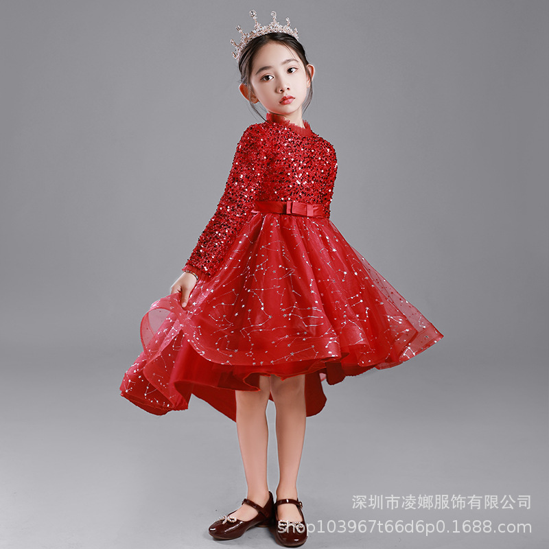 现货女童礼服红色亮片拖尾公主裙钢琴演奏演出服摄影girl