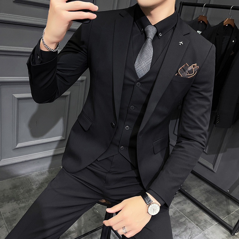 春装新款男式西服套装韩版修身时尚结婚伴郎西装礼服西装三件