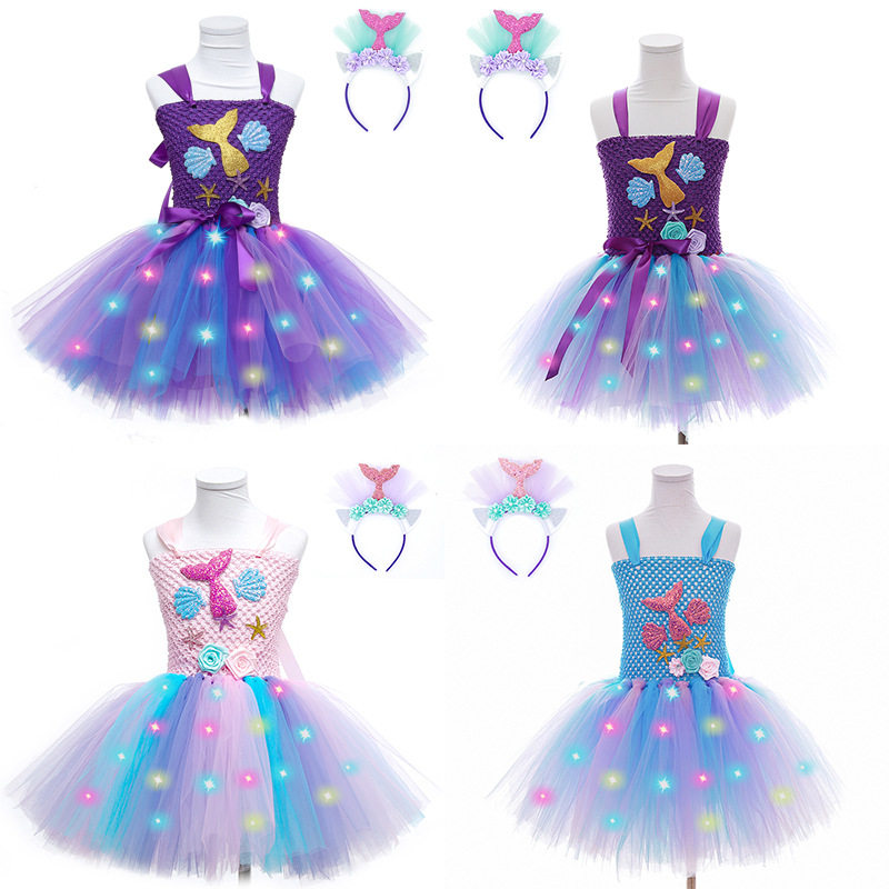 欧美2024新品网纱蓬蓬裙美人鱼公主裙创意款网纱舞蹈服闪灯童