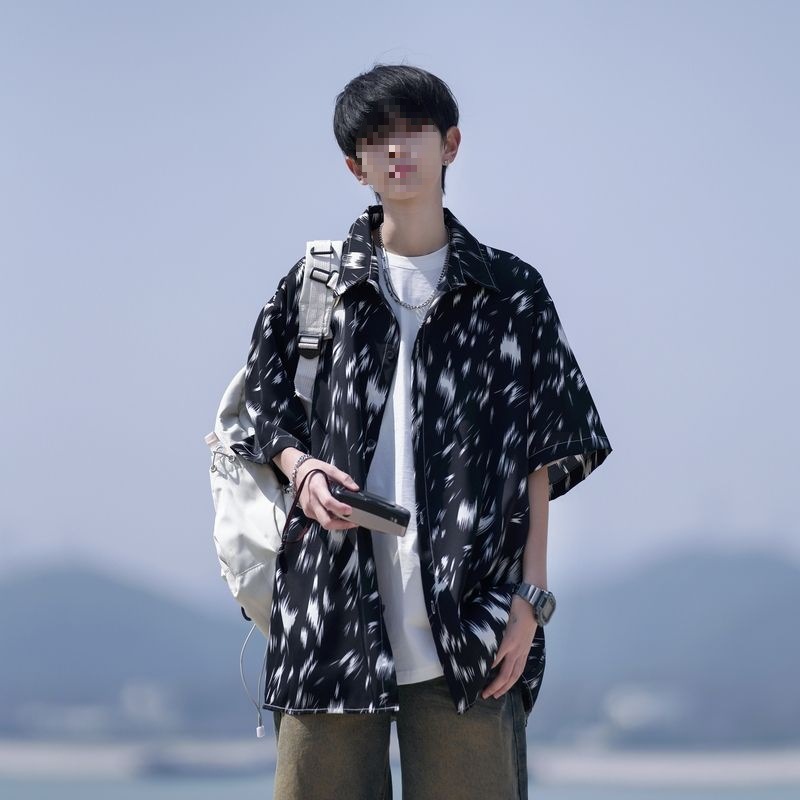 港风复古花衬衫男短袖夏季薄感痞帅大码宽松休闲半袖衬衣外套