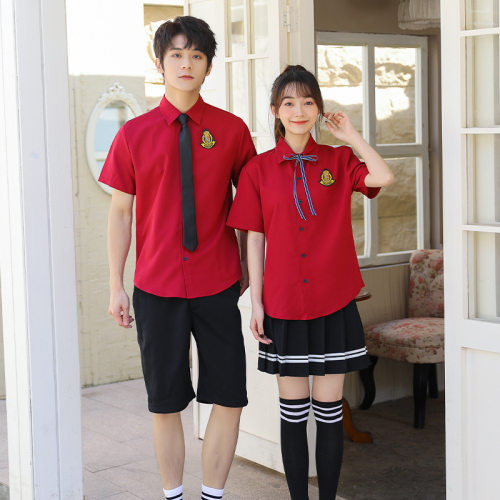 中学生校服批发毕业班服红衬衣短裙套装合唱团舞台表演服