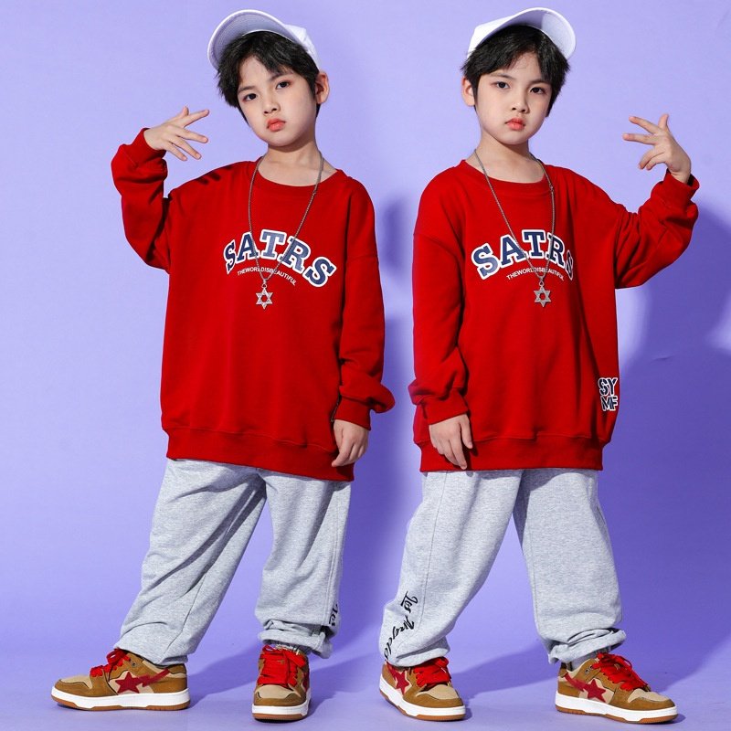 儿童街舞潮服红色印花卫衣宽松灰色运动裤小学生运动会开幕式