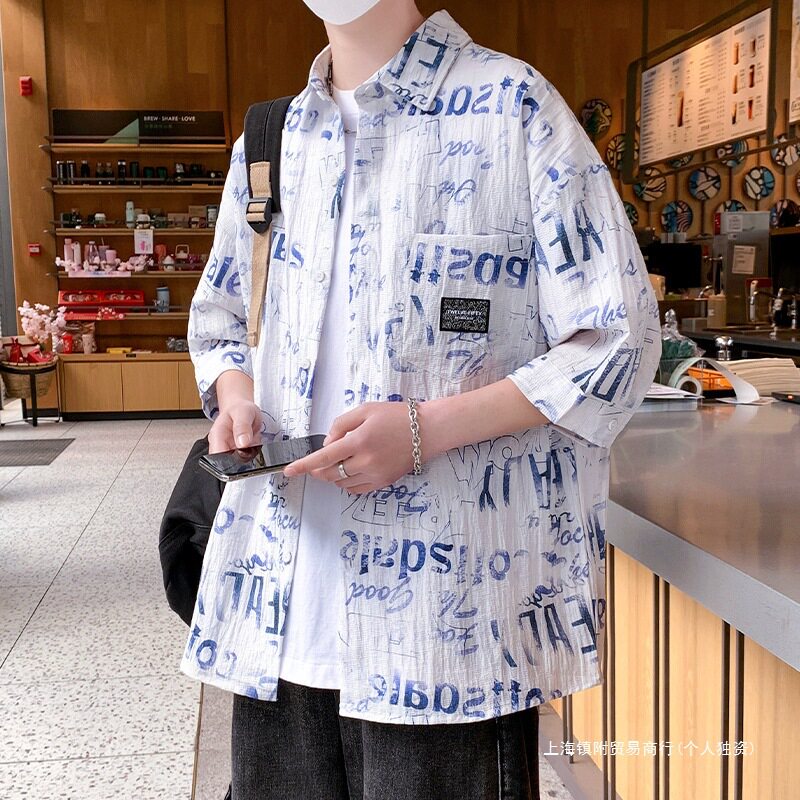 七分袖透气衬衫男夏季格子短袖衬衣外套男青少年痞帅港风上衣