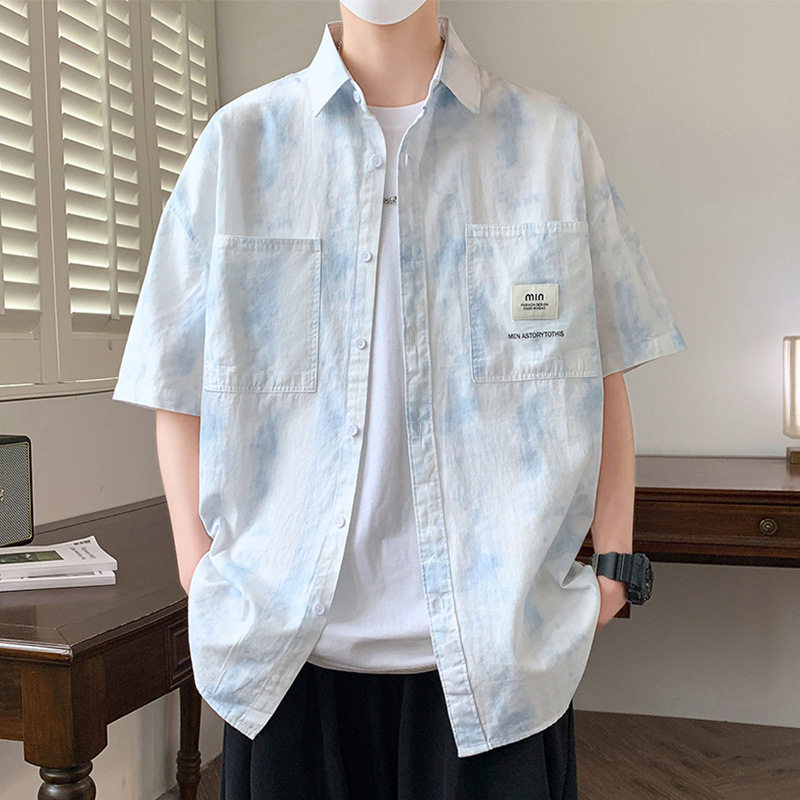 扎染潮牌短袖衬衫男夏季高级感痞帅衬衣男宽松休闲青少年半袖