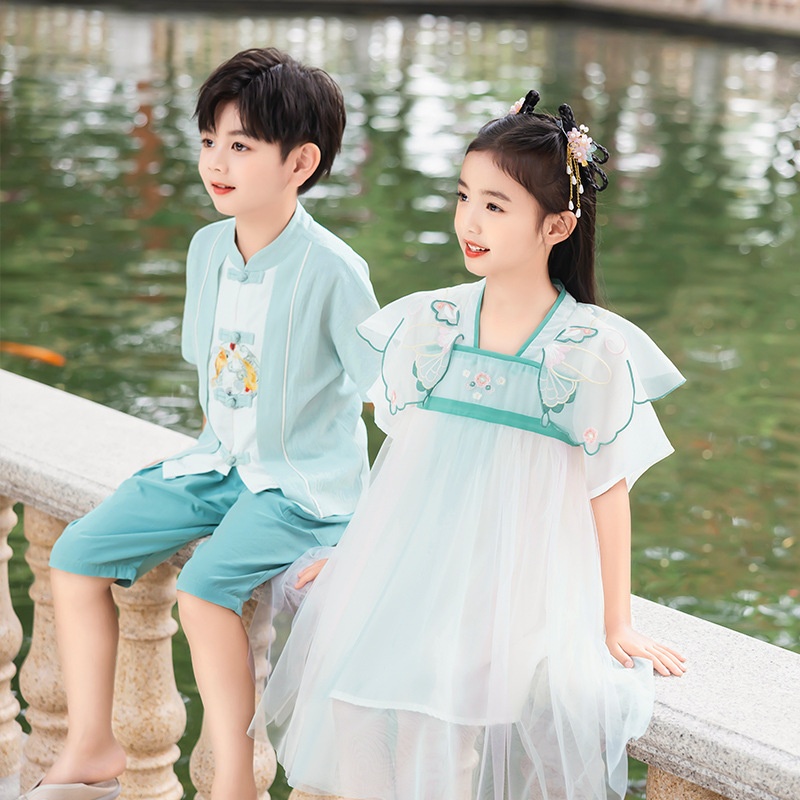 中国风六一儿童演出服汉服幼儿园小学生校服班服夏装绿色表演