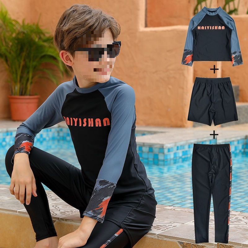 儿童分体泳衣男童分体长袖长裤防晒潜水服海边度假青少年三件