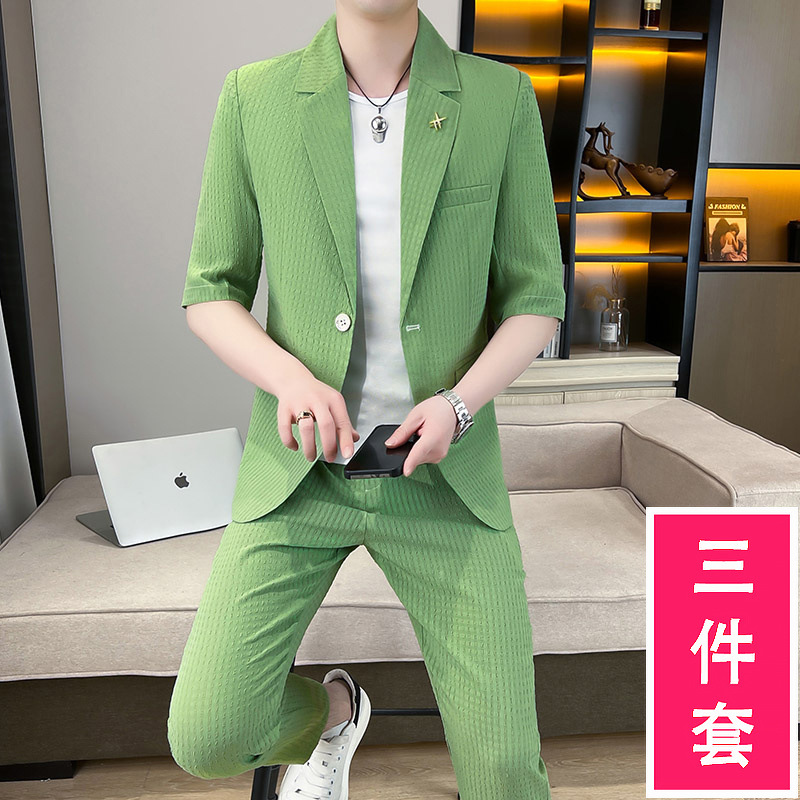 夏季休闲七分袖西服套装男薄款短袖外套潮流感中袖西装一整套