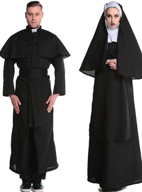 万圣节服装亚马逊成人女款黑色牧师服玛利亚神父修女服角色扮演