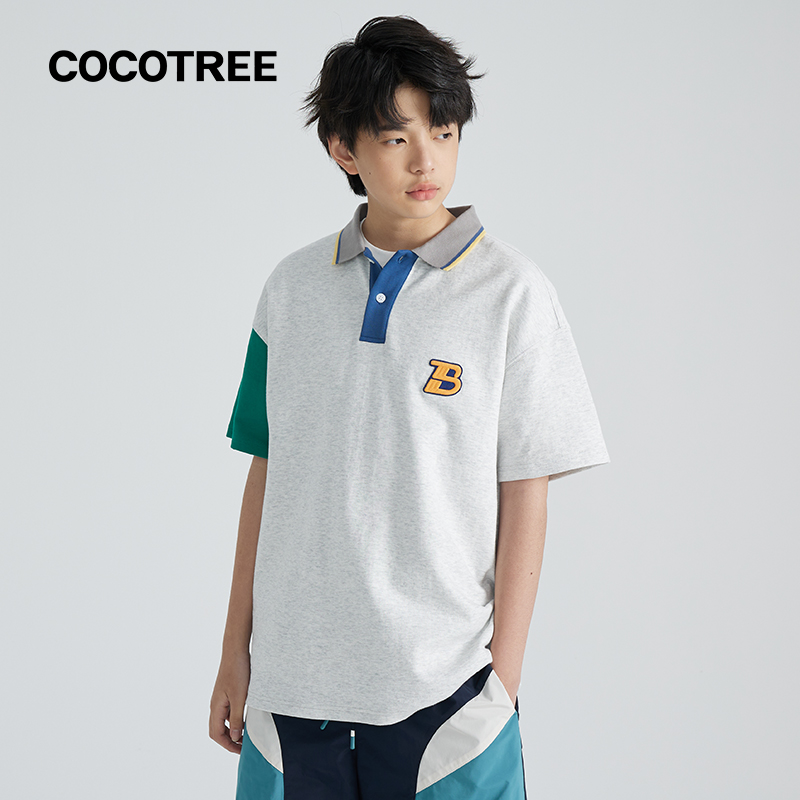 COCOTREE棵棵樹夏季男大童翻領(lǐng)T恤撞色拼接學(xué)院風(fēng)短袖上衣