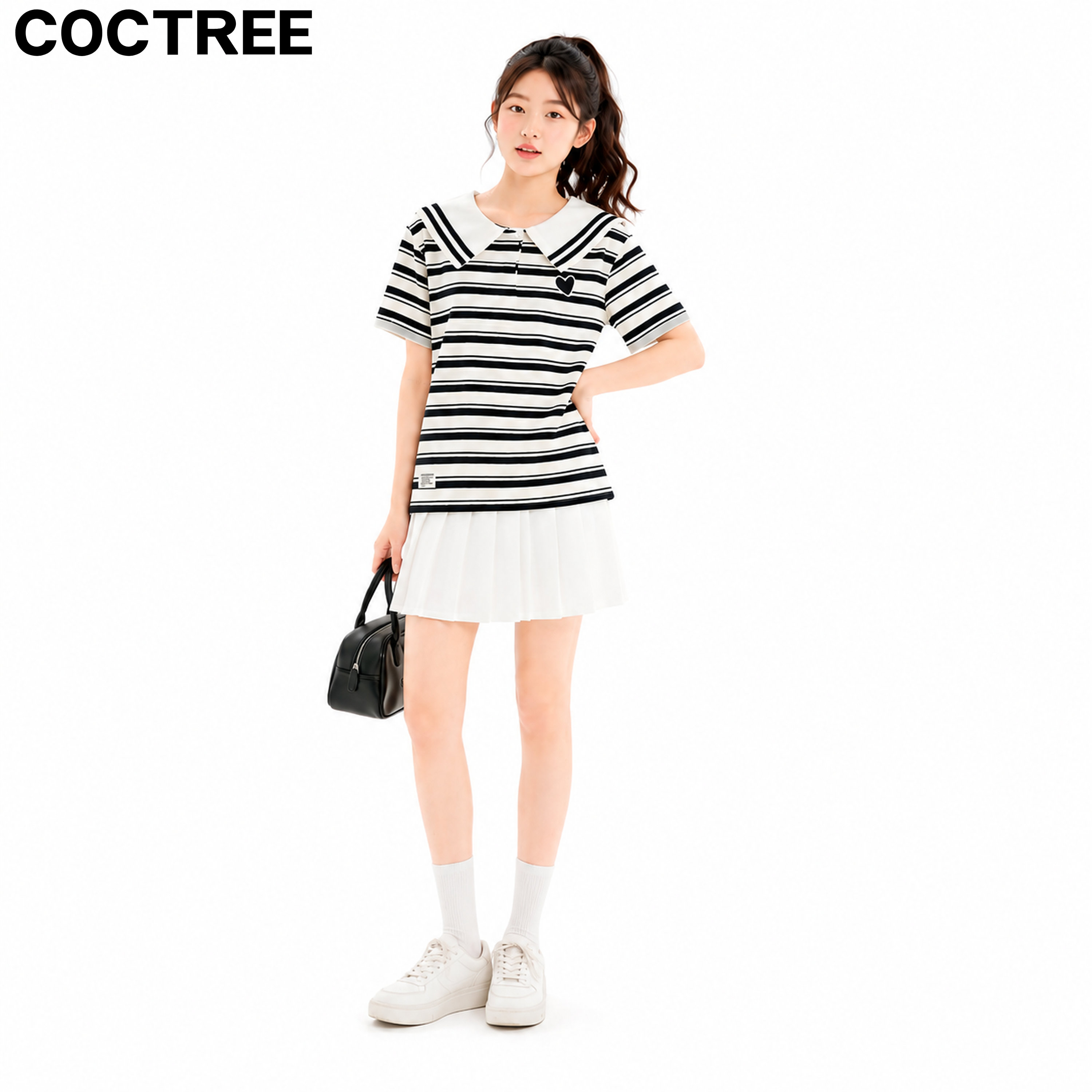COCOTREE条纹甜美学院翻领T恤