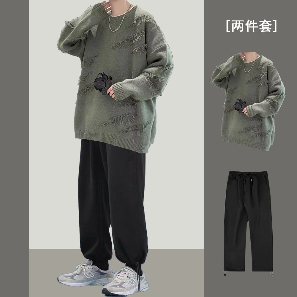 破洞毛衣男宽松潮流休闲套装男士下摆开叉针织衫线衣搭配帅气一套