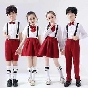 中小学生大合唱女童红色舞蹈裙表演服装 六一儿童演出服男童背带裤