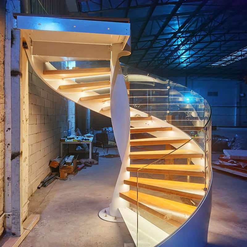 旋转楼梯玻璃细边扶手烤漆彩色弧型钢板楼梯卡槽夹胶玻璃栏杆联结