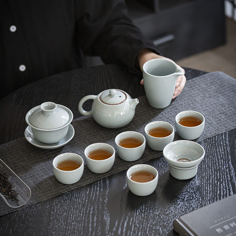 哥窑陶瓷天青茶具套装提