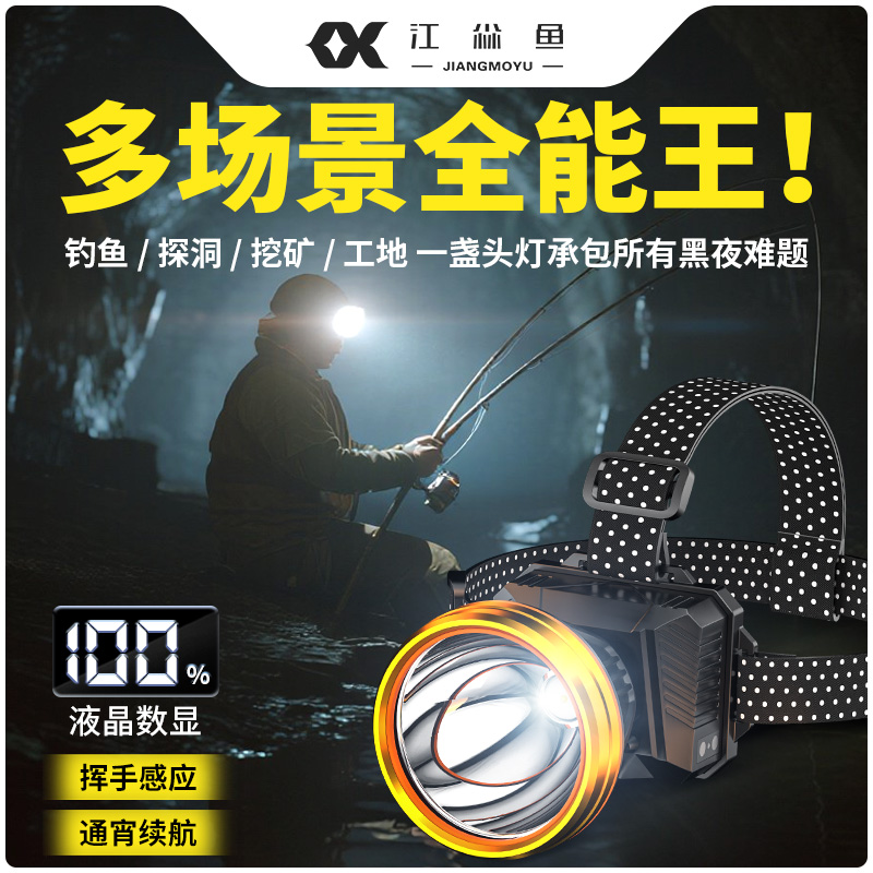 江尛鱼头灯2025新款强光超亮充电