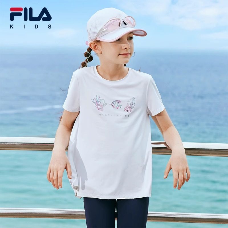 FILA斐乐儿童短袖T恤2025夏季新款速干衣中大童上衣女童打底衫