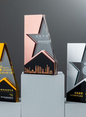 新款创意金属锌合金水晶五角星公司活动比赛年会颁奖奖杯定制纪念