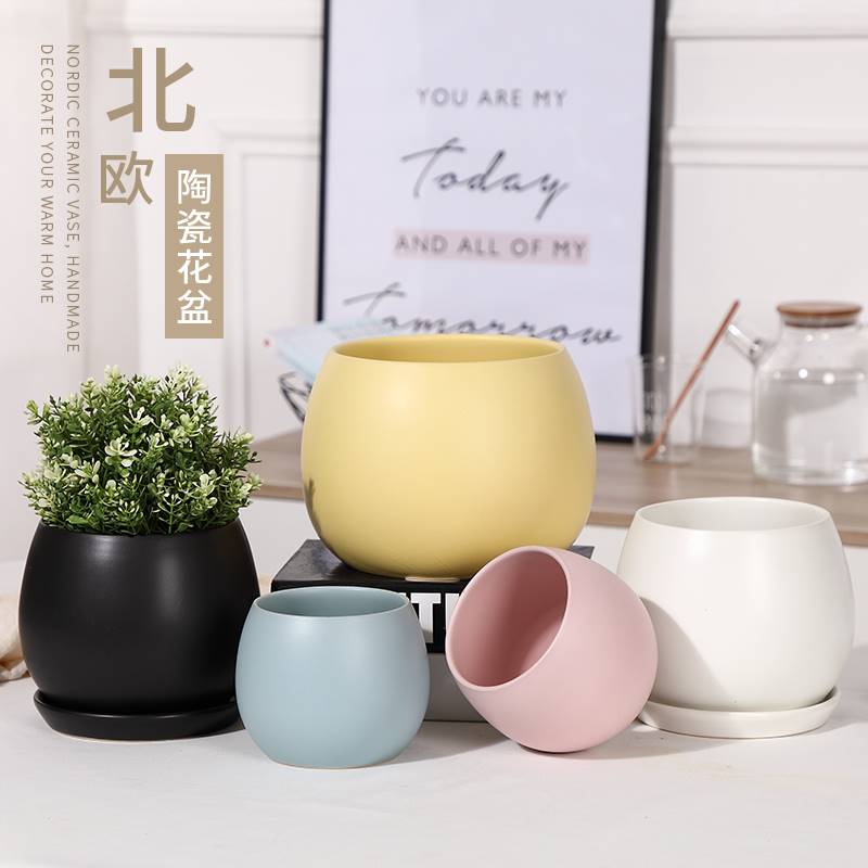 ins陶瓷花盆带托盘马卡龙颜色简约球形哑光灰色白色绿萝多肉花盆