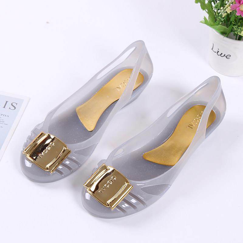 时尚品牌夏季新款塑料凉鞋女士浅口包头平底鞋沙滩鞋防水橡胶雨靴