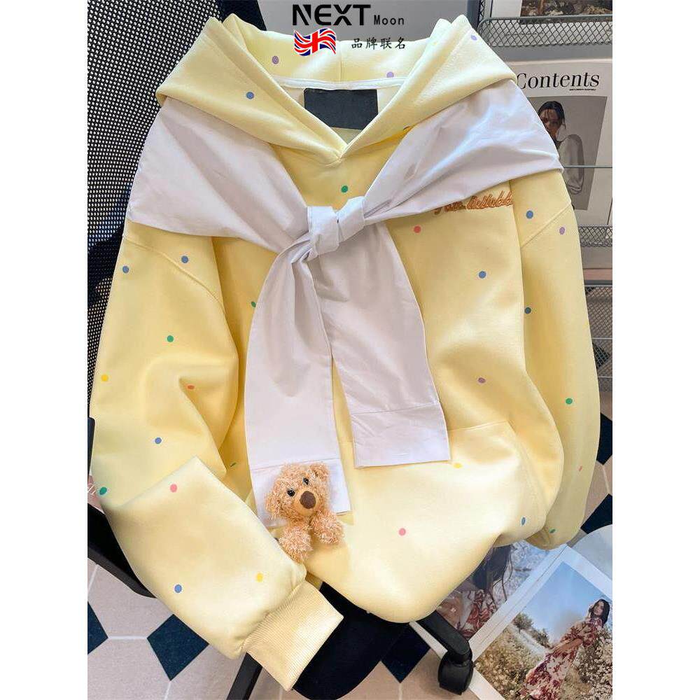 Next Moon英国联名奶黄色波点披肩连帽卫衣外套女秋日系甜美上衣