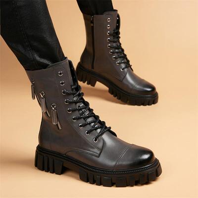 牛皮马丁靴男款冬季高帮皮鞋中筒厚底复古短靴真皮休闲拉链机车靴