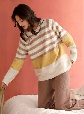 秋收冬藏「Daily Gtra」睡衣女秋冬季休闲条纹软绵绵珊瑚绒家居服