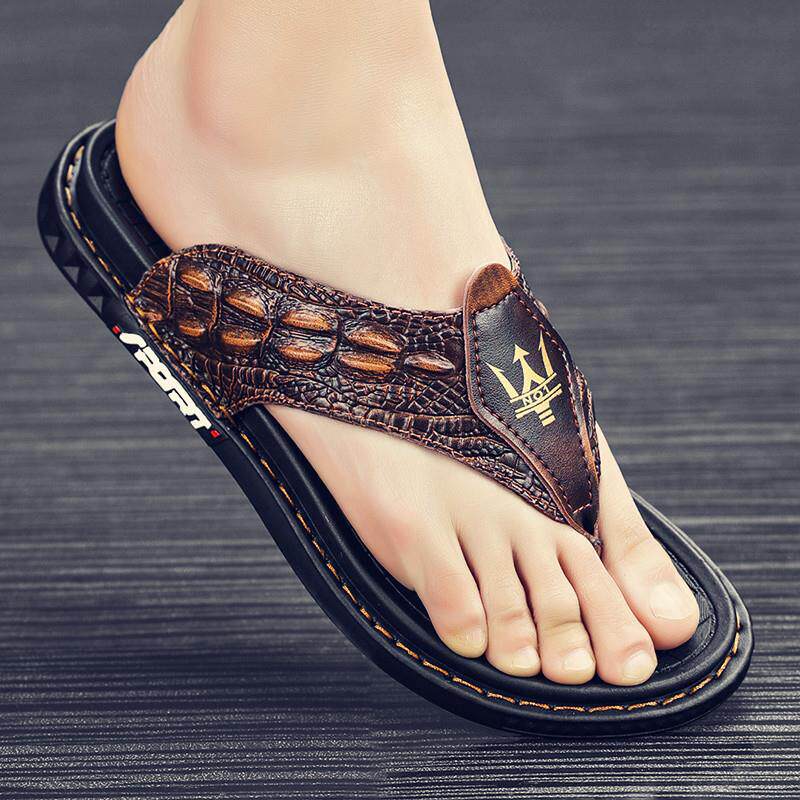真皮鳄鱼纹人字拖男夏季外穿夹脚运动拖鞋大码防滑防臭透气沙滩鞋