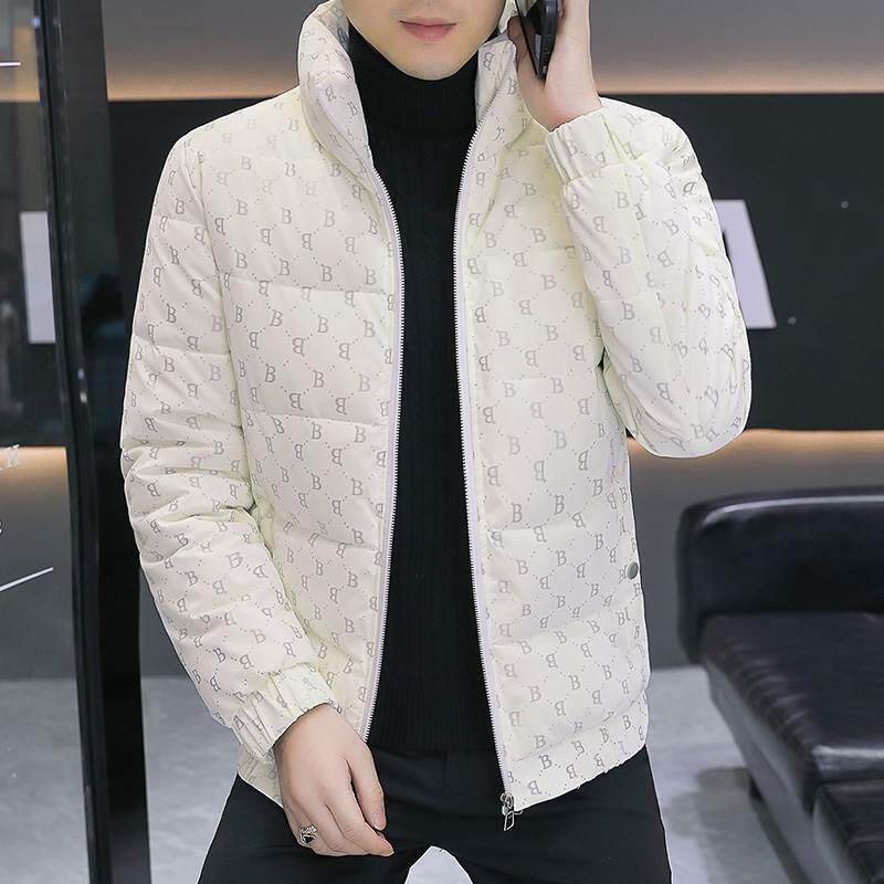 潮牌新款保暖修身外套男士2025冬季男装棉服时尚印花棉衣加厚上衣