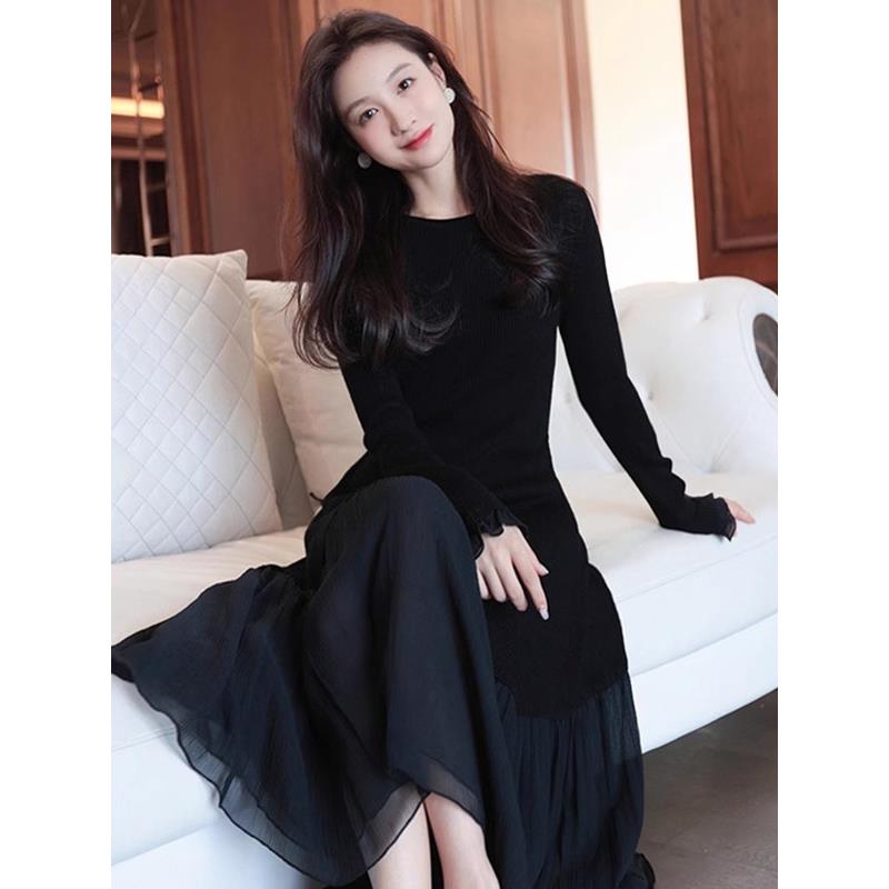 欧洲秋季女性2024新法国赫本风格长裙黑色针织底裙
