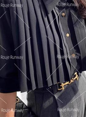 法式Rouje Runway重工POLO压褶黑色衬衫女短款衬衣高腰百搭上衣女