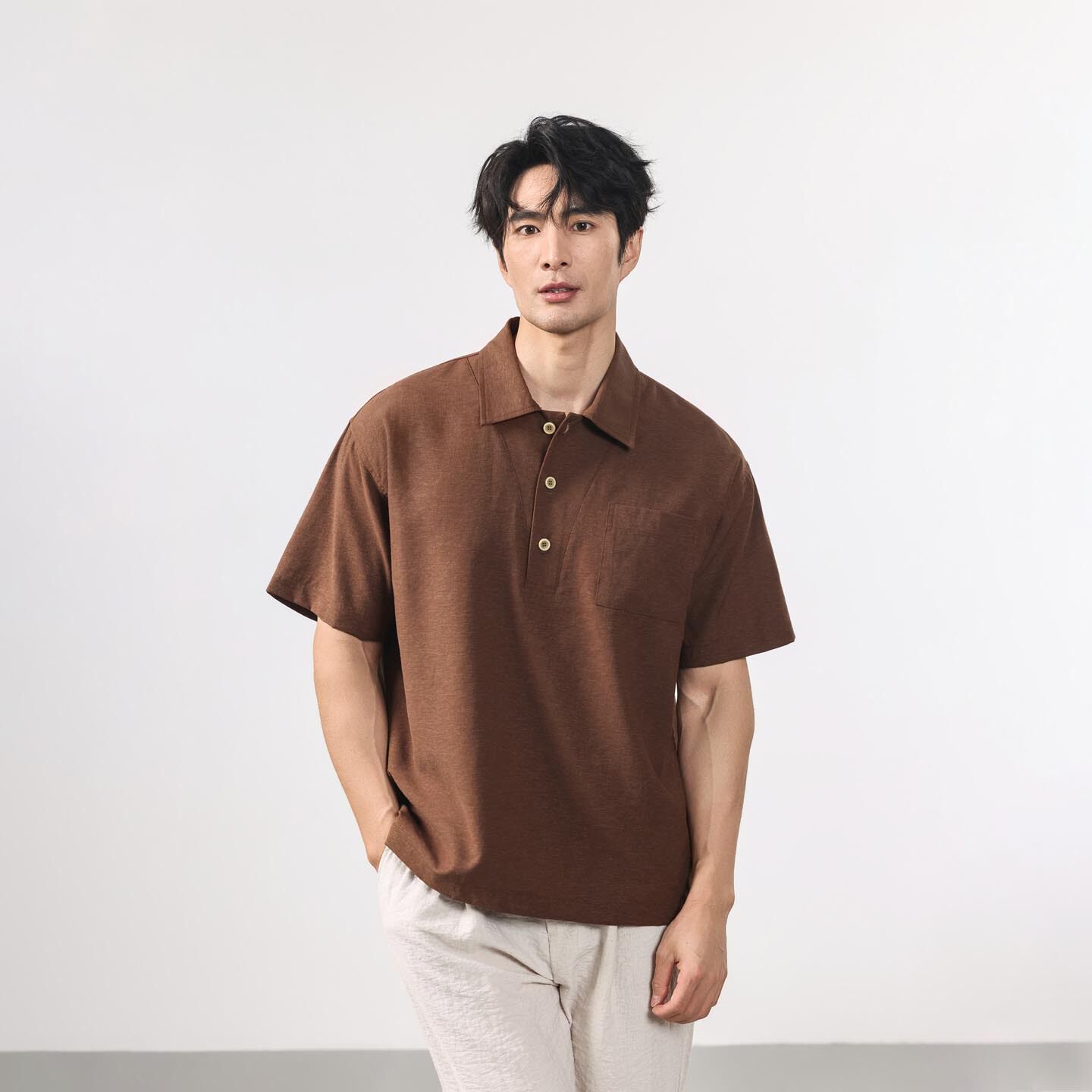 高端亚麻莱赛尔Polo衫男夏季薄款宽松垂感复古优雅翻领衬衫短袖男